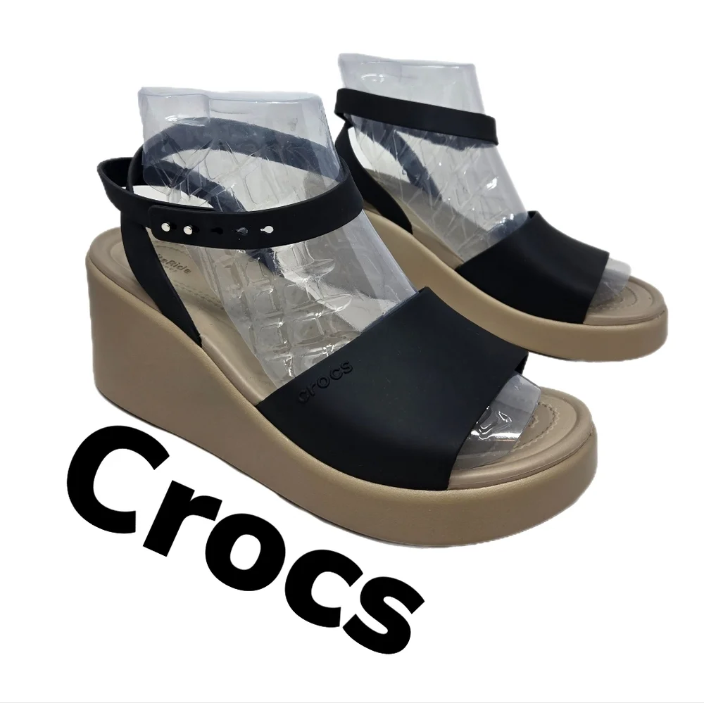 Crocs Brooklyn Adj. Ankle Strap Womens Wedges Sz 11 Literide Footbed Beige Black